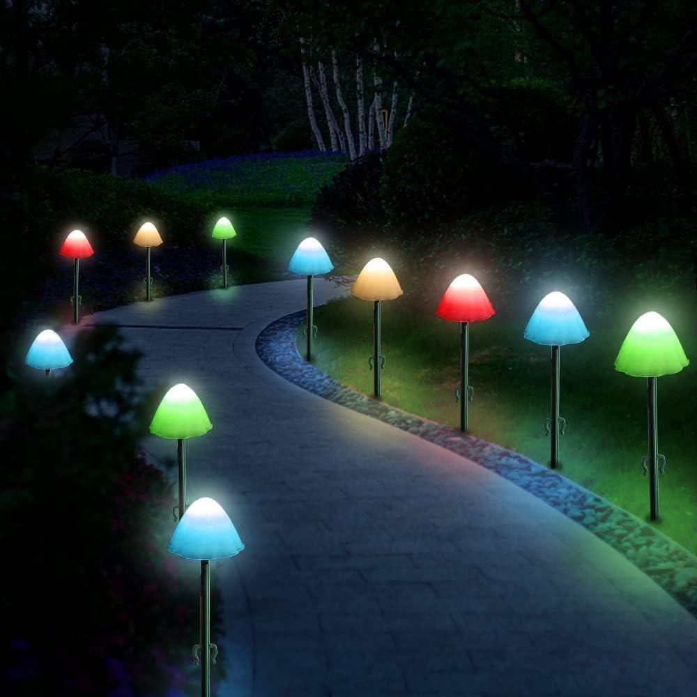 Outdoor Solar Garden Lights, Set of 12 Mini Solar Mushroom Light Outdoor Waterproof Cute Mushroom Shaped Pathway Landscape Lights for Yard Patio Garden Party Wedding Festival Decoration （Multicolor