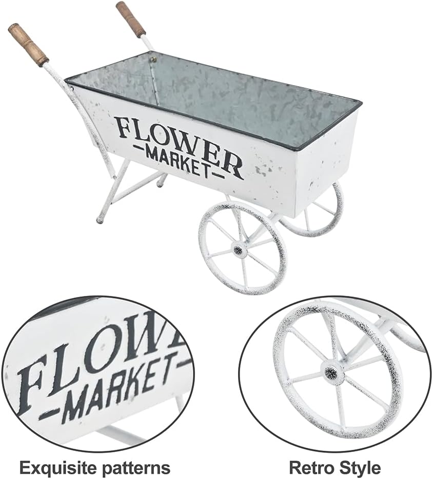 15 Inch Farmhouse Small Flower Cart with Wooden Handles Metal Wagon Planters for Outdoor Plants Decorative Wheelbarrow Plant Cart for Patio Garden Balcony White