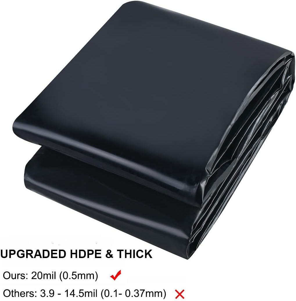 Pond Liner 20 x 25ft 20 mil Pond Liners for Outdoor Ponds, UV Resistant Pond HDPE Liner for Fish Ponds, Pool, Water Features, Fountains, Waterfall and Water Gardens, Black