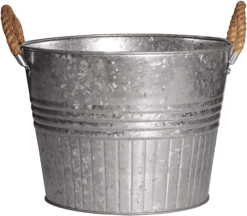 Headwind Round Galvanized Bucket w/Rope Handles – 6 Inch Metal Tub Bucket Planter for Outdoor Plants with Drainage Hole – Galvanized Large Outdoor Planters Buckets by Robert Allen