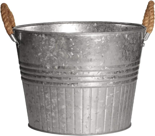 Headwind Round Galvanized Bucket w/Rope Handles – 12 Inch Metal Tub Bucket Planter for Outdoor Plants with Drainage Hole – Galvanized Large Outdoor Planters Buckets by Robert Allen
