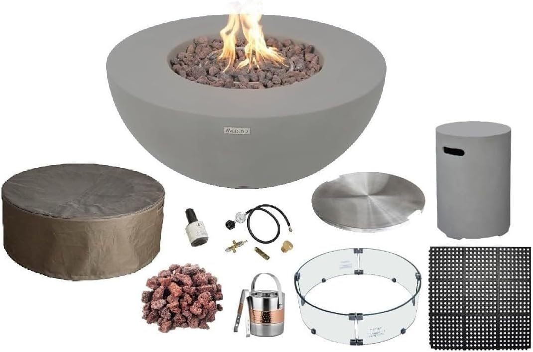 AMS Fireplace | Modeno Roca Package | Light Gray Liquid Propane Gas Fire Pit Table for Outdoor Patio Bundle with Tank Cover, Wind Guard, and SS Burner Lid | Free Rubber Mat & Ice Bucket