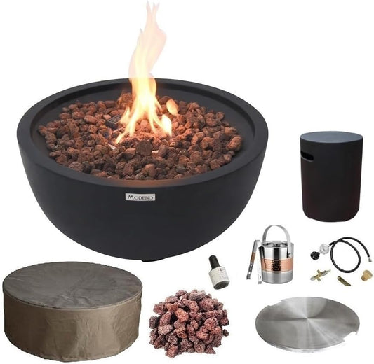 AMS Fireplace | Modeno Jefferson Pakage | Black Liquid Propane Gas Fire Pit Table for Outside Patio Bundle with Tank Cover and SS Burner Lid | Free Ice Bucket