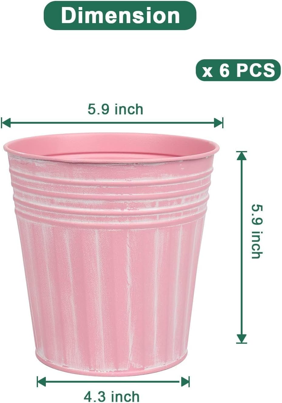 6 Inch Pink Metal Rustic Flower Pots - 6Pcs Medium Galvanized Planters with Drainage Hole and Rubber Plug, Rustproof Metal Bucket Plant Pots Farmhouse Vintage Style for Decor