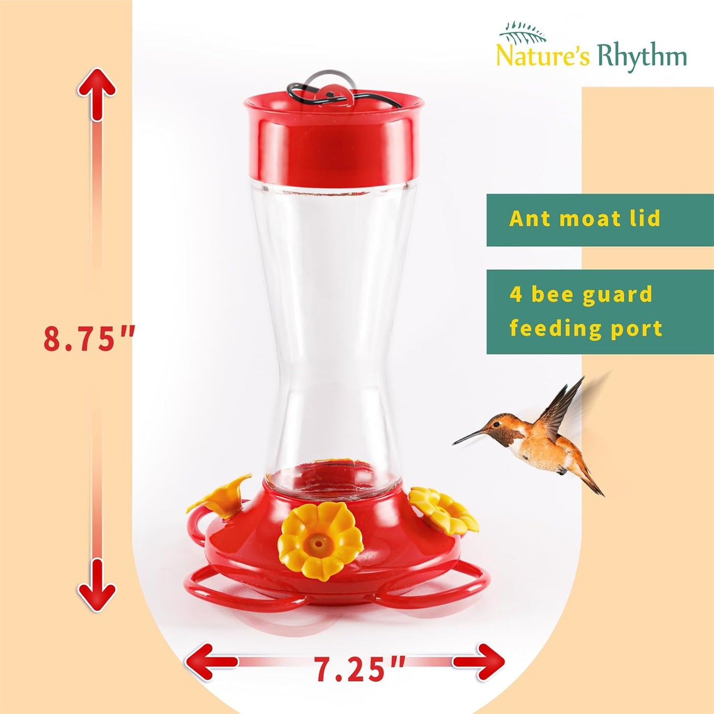 Nature's Rhythm Bird Feeder 4 bee Guard Plastic Yellow Flowers Feeding Port 8oz Glass Pinch Waist Hummingbird Feeder (2Pcs)
