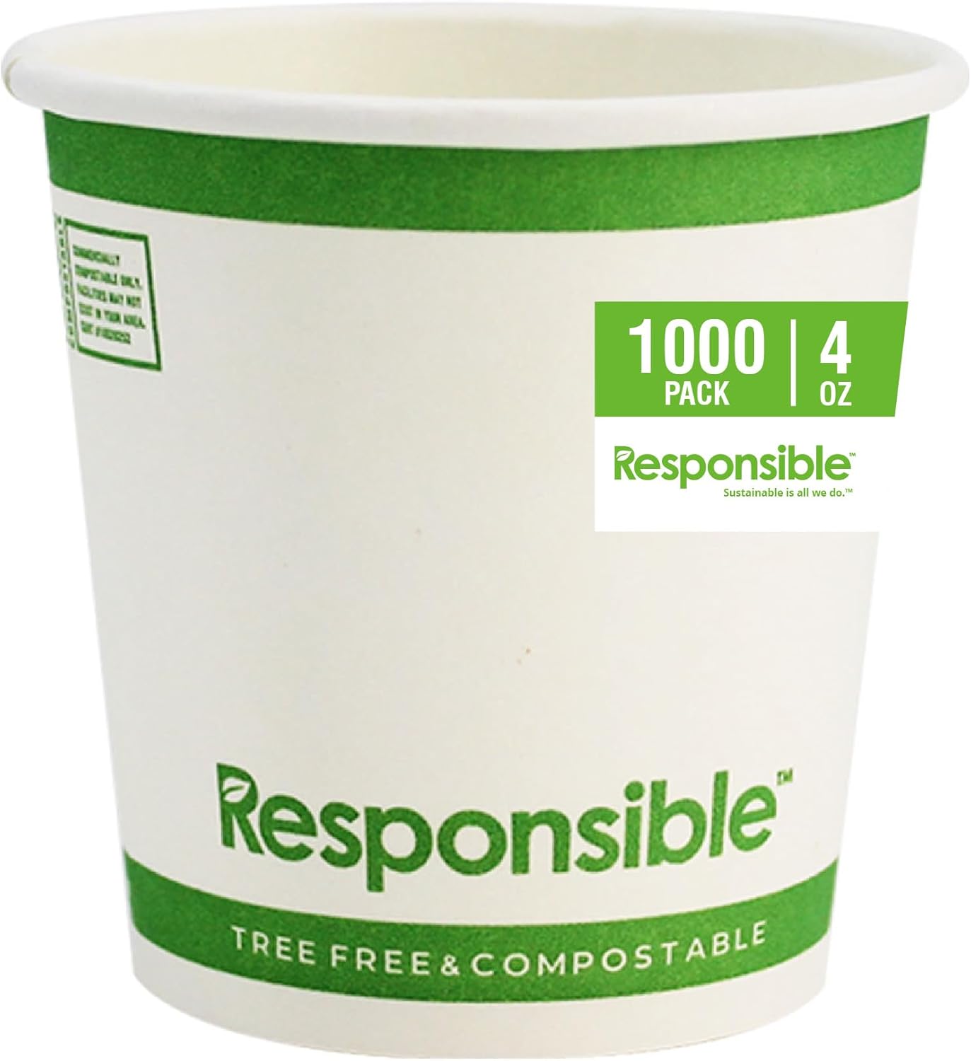 4 oz Paper Hot Cups, Tree-Less™ Compostable Paper Coffee Cups, Extra Strength, Tree-Free and Made Without PFAS, White (1000 Count)