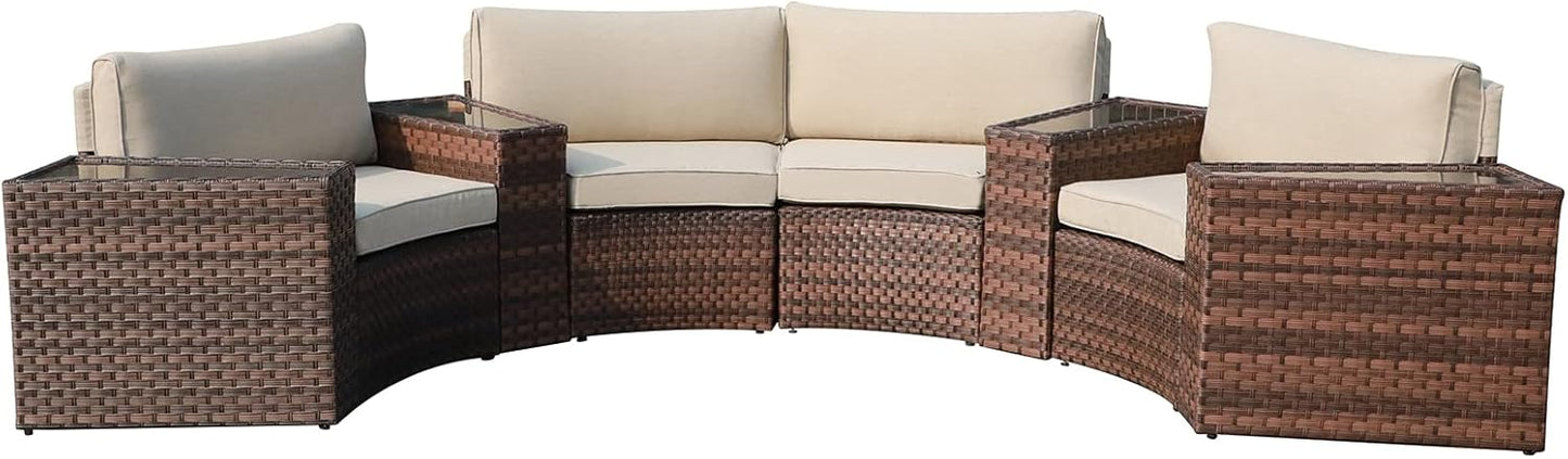 SUNSITT Outdoor Patio Furniture 8-Piece Half-Moon Curved Sofa Set Brown PE Wicker Sectional Conversation Set with Cushions(Beige)
