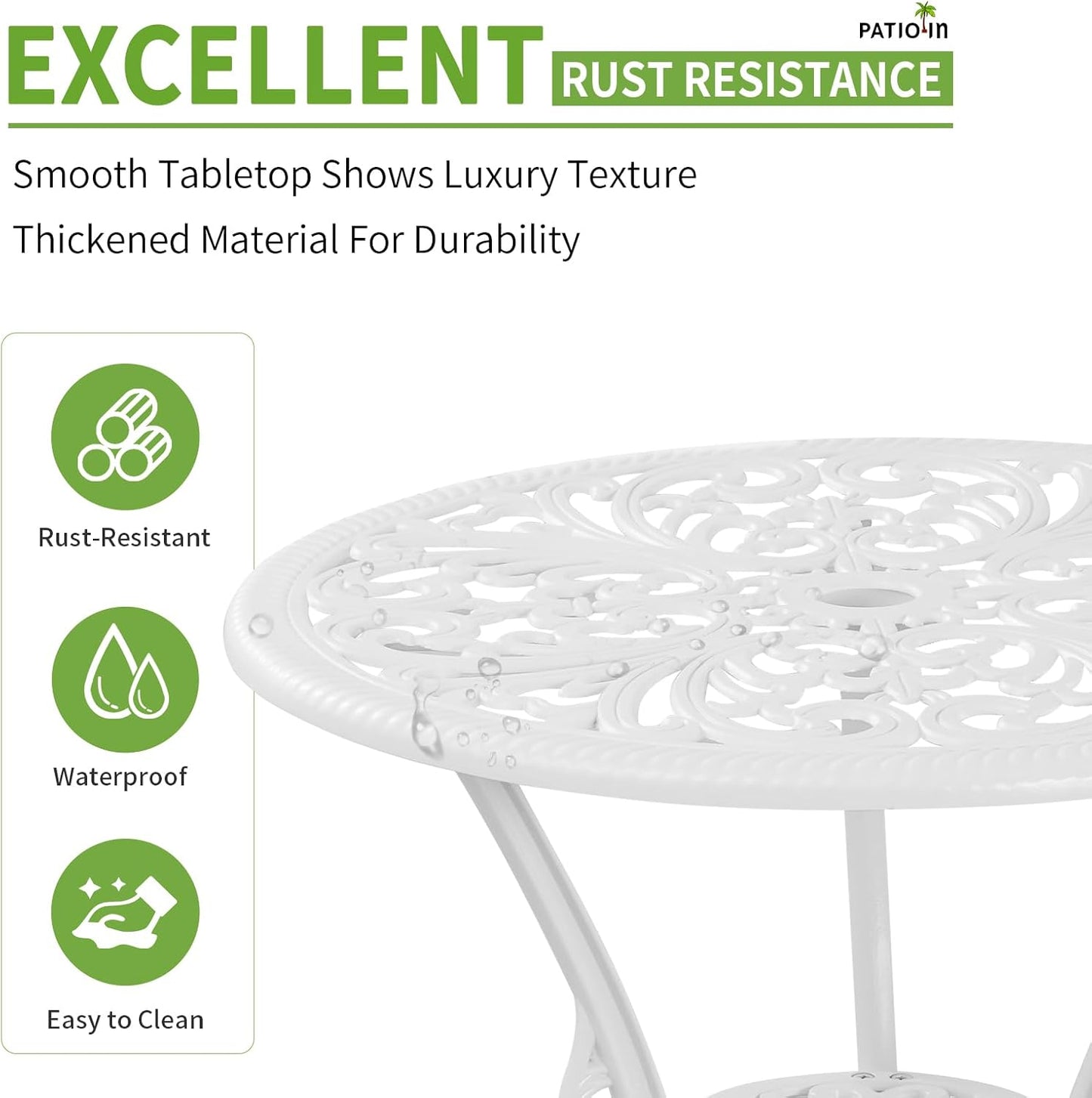 Outdoor Bistro Set 3 Piece, Bistro Table and Chair Set of 2, Cast Aluminum Patio Dinning Set with Umbrella Hole for Balcony, Garden, Porch