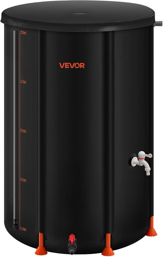 VEVOR Collapsible Rain Barrel, 100 Gallon Portable Rain Water Collection Barrel, 1000D PVC Rainwater Collection System, Garden Water Catcher Tank Storage Container with Spigot & Overflow Kit, Black