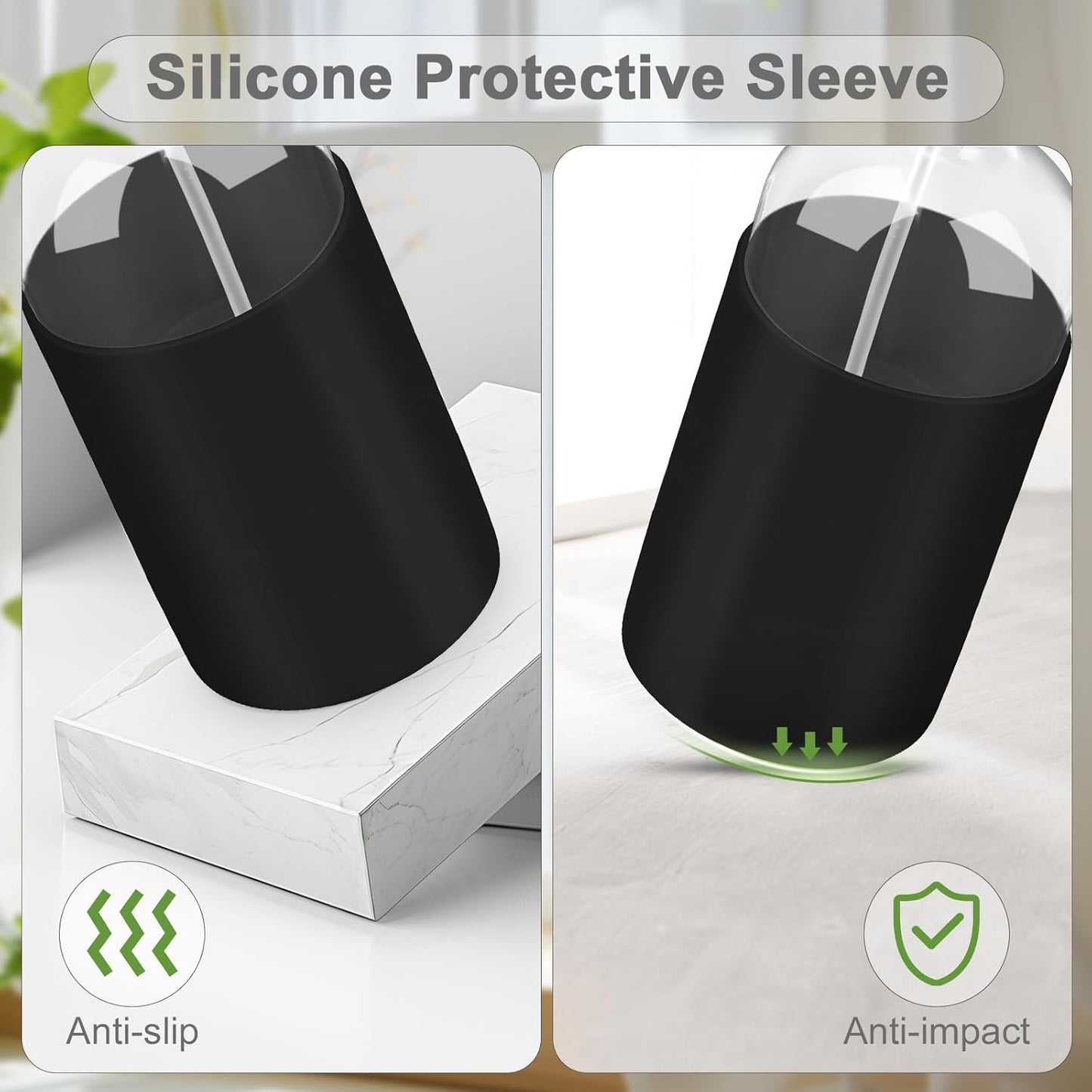 2 Pack Glass Spray Bottles with Long Silicone Sleeve, 16 oz Empty Refillable Containers with Adjustable Spray Nozzles, Spray Bottles for Hair, Cleaning Solutions and Plants 2 Pack Black