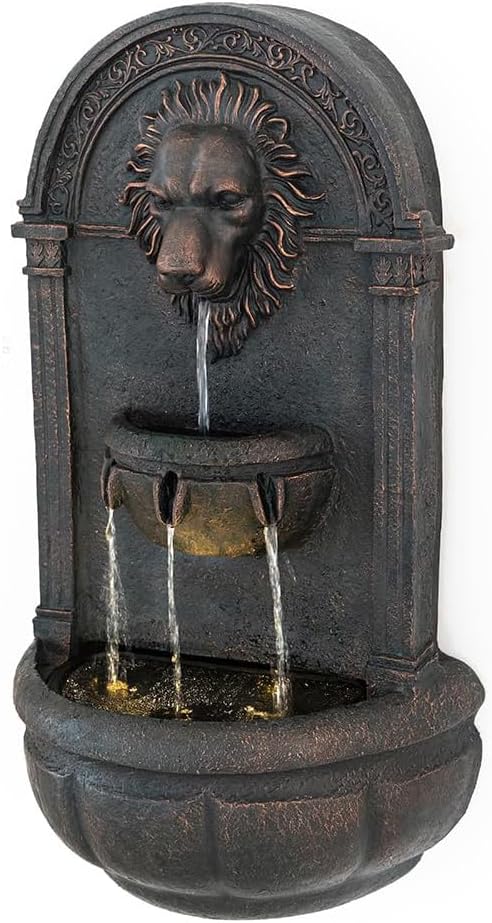Lion Head Wall Fountain – Outdoor/Indoor Wall-Mounted Waterfall Fountain with LED Lights, Decorative Stone Resin Lion Statue for Garden, Patio, Yard, Modern Wall Decor(Bronze Color)