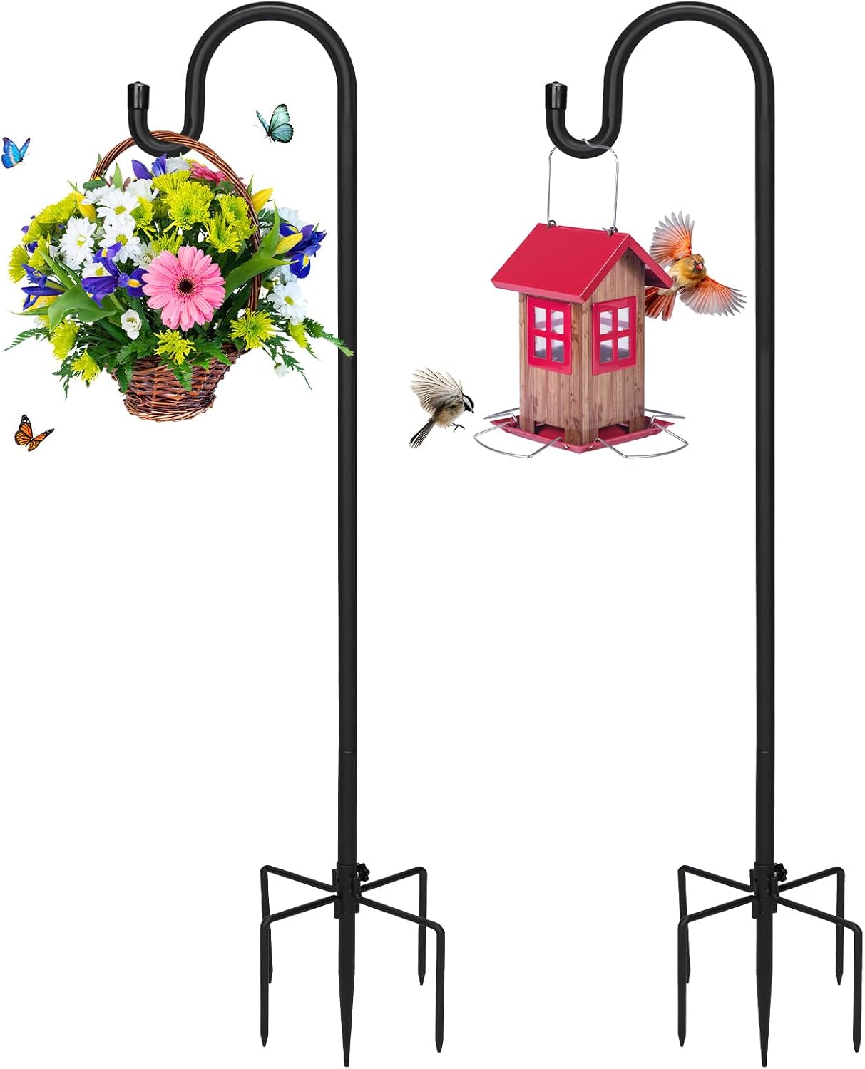Kingsyard 2 Pack Adjustable Shepherd Hooks for Outdoor - 60 INCH Heavy Duty Bird Feeder Pole with 5 Prong Base, Hummingbird Feeder Stand, Garden Plant Baskets, Weddings Decor, Solar Light Lanterns