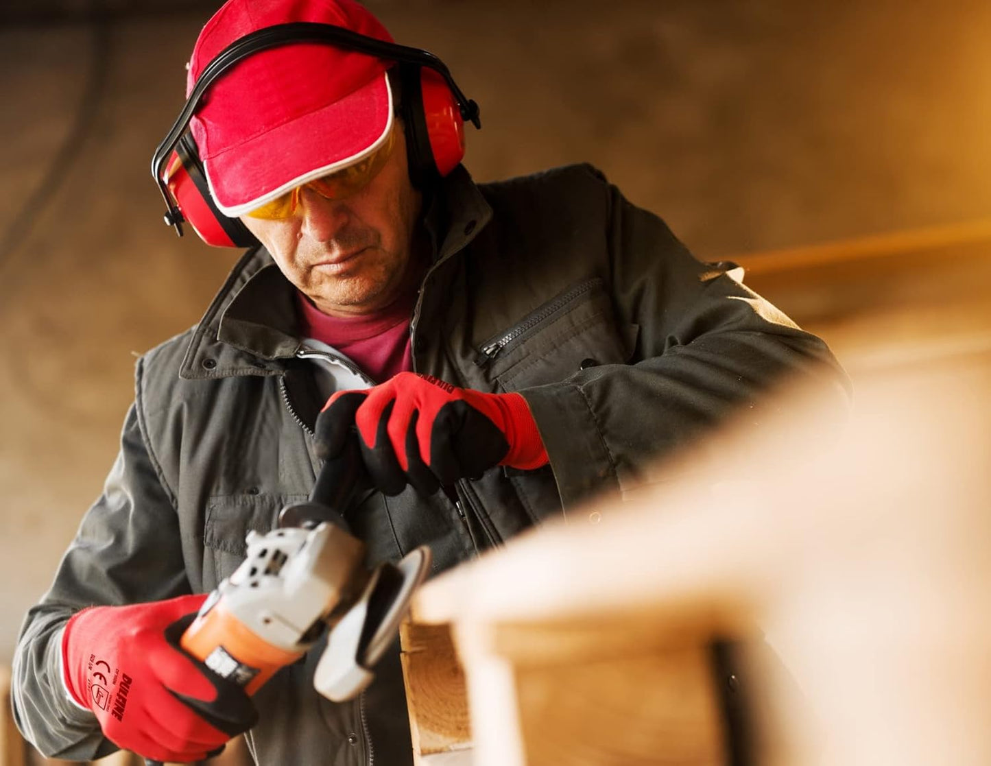 DULFINE Safety Work Gloves PU Coated for Men and Women-12 Pairs,Red Seamless Knit Glove with Two Fingers Touchscreen,Ideal for General Duty Work (Medium)