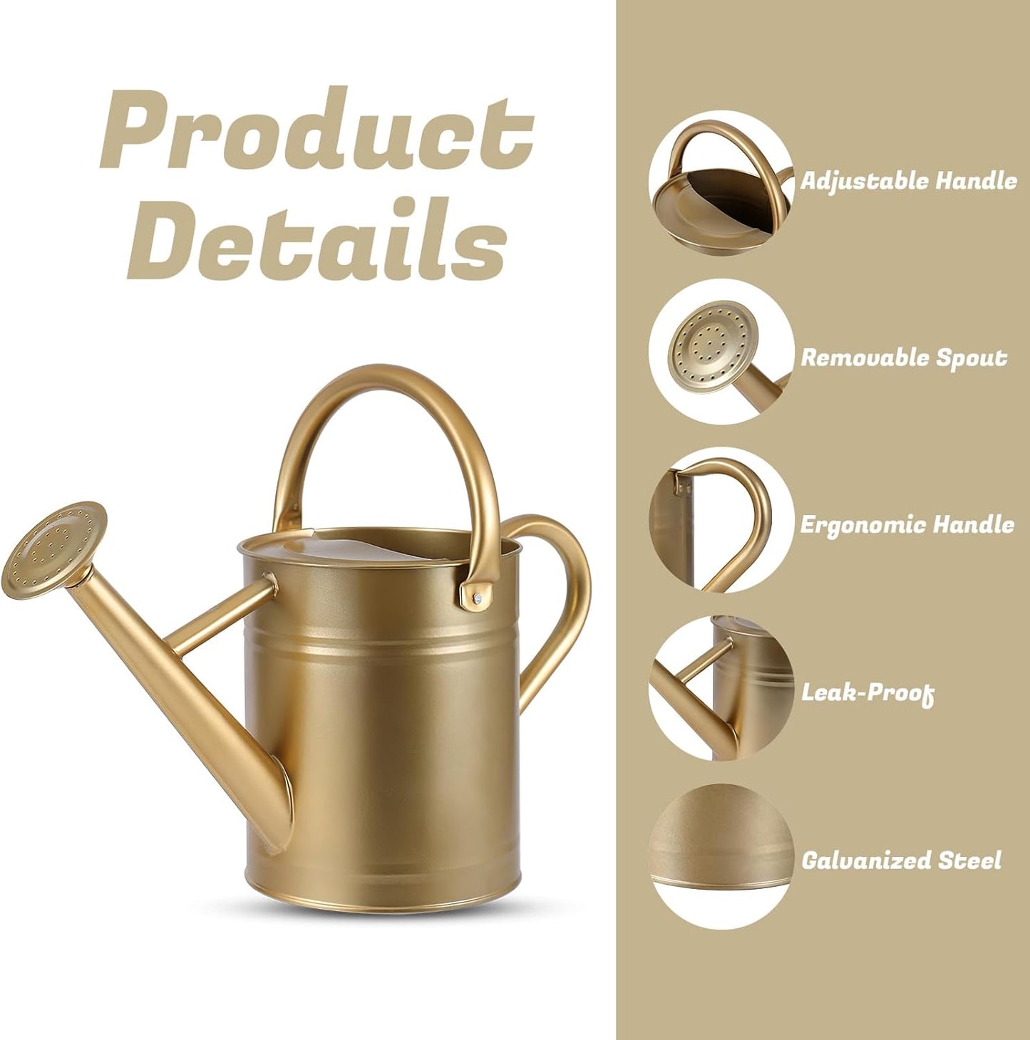 1 Gallon Watering Can for Plants, Watering Cans for Indoor&Outdoor Gardening, Galvanized Steel Watering Pot with Removable Spout, Metal Water Can with Ergonomic Movable Handle(Gold)