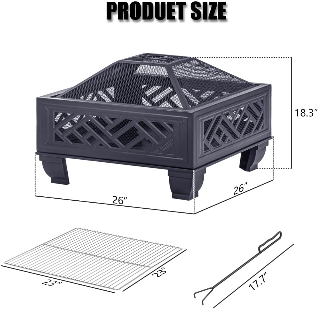 Breezz Update Version 26 Inch Wood Burning Fire Pit with Cooking Grill and Spark Screen, Outdoor Metal Firepit for Patio, Backyard, Bonfire Party, Camping and Garden