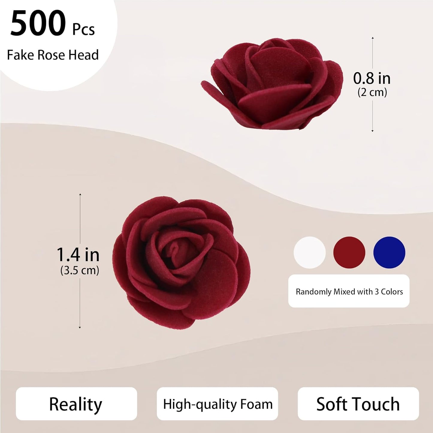 500 Pcs 1.4 Inch Mini Artificial Flowers Head Bulk 5 in 1 Set Faux Foam Fake Small Rose Tiny Baby Flores Bouquet Cake Gift Home Decoration DIY Craft (Red, Blue, White Mixed)