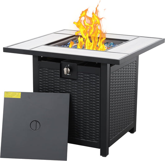 30 Inch Fire Tables 50000 BTU Outdoor Fire Pits for Outside Steel Gas Fire Table with Fire Pit Lid Wooden Marble Tabletop and Waterproof Cover