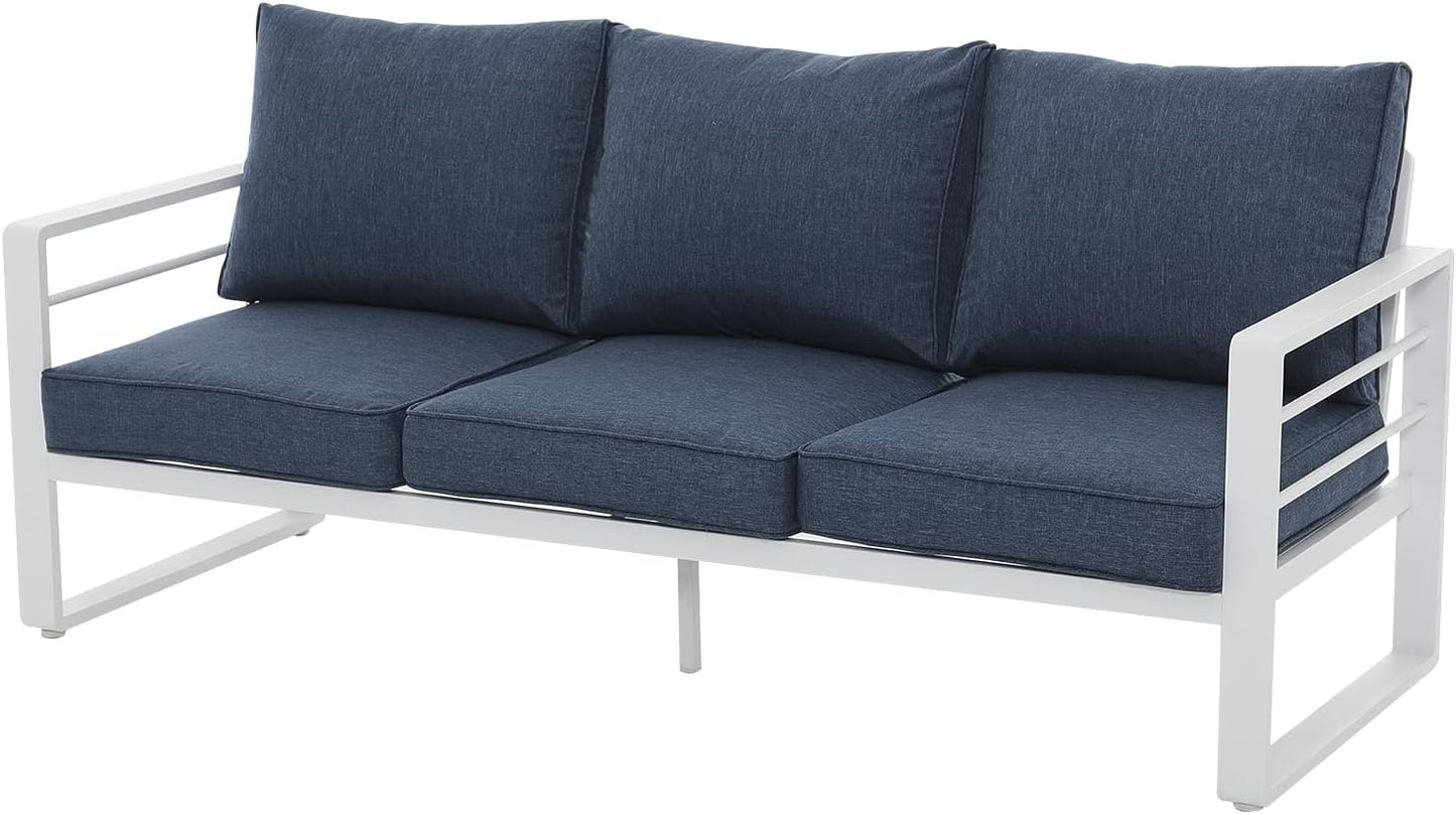 Patiorama Aluminum Patio Furniture Set, Outdoor Patio 3-Seater Sofa, 3 Seats Couch, All Weather White Metal Chair with Olefin Cushion, Deep Seating, 800 lbs Capacity, Deck, Garden-Blue Cushion