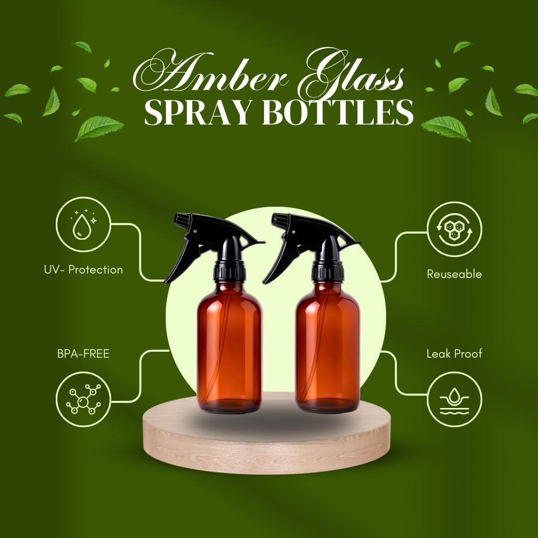 2 Pack Amber Glass Spray Bottles – 8oz Refillable Mini Bottles for Essential Oils, Perfumes, Serums, and DIY Skincare – Durable Small Amber Containers with Spray