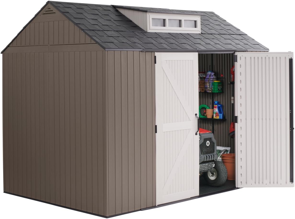Rubbermaid Extra Large Resin Outdoor Storage Shed With Floor (7 x 10.5 Ft.) Weather Resistant Brown Organization for Home/Lawn Mower/Backyard Equipment/Bike Storage/Pool Supplies