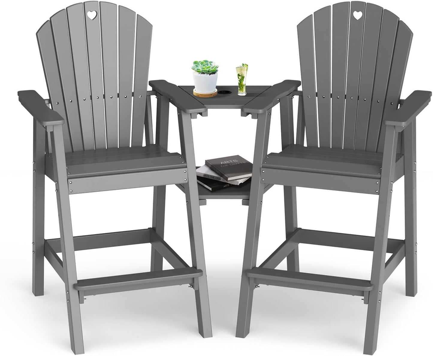 Tall Adirondack Chairs Set of 2-Durable HDPE Outdoor Bar Stools with Double Connecting Tray, Weatherproof Patio Furniture for Poolside, Backyard, Deck & Lawn Relaxation (Gery)
