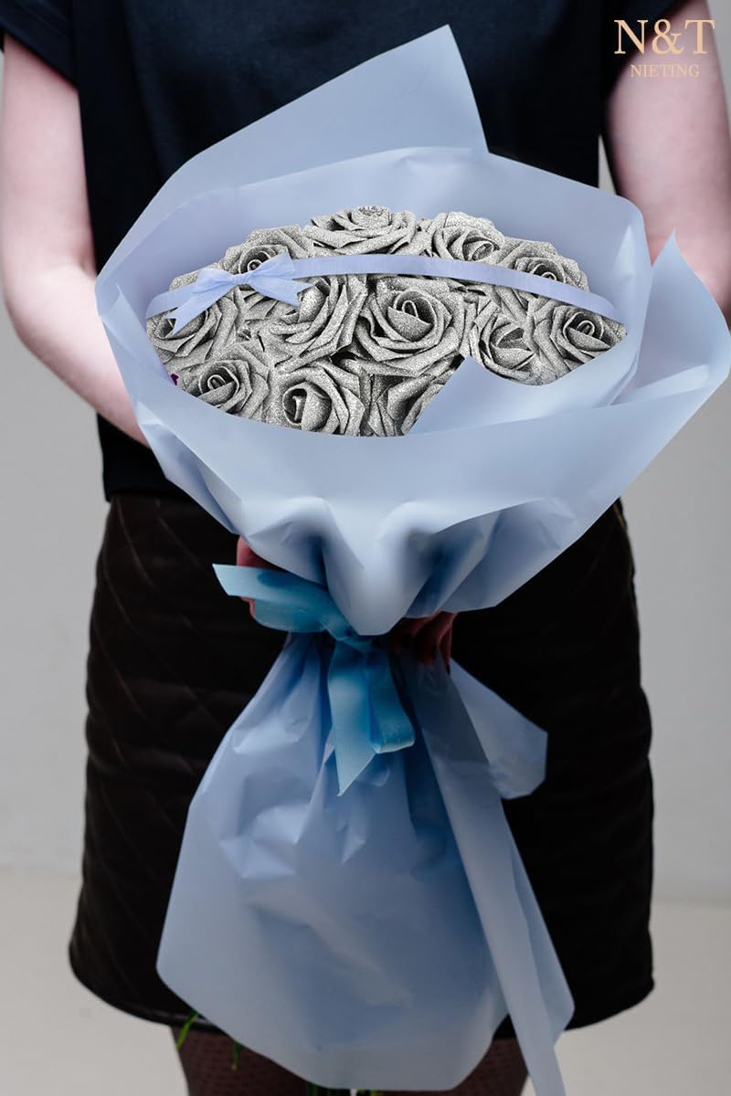 N&T NIETING Artificial Flowers Glowing Silver Flowers Foam 50pcs Glitter Roses Real Looking Fake Roses with Stem for DIY Wedding Bouquets Centerpieces Bridal Shower Party Home Decorations