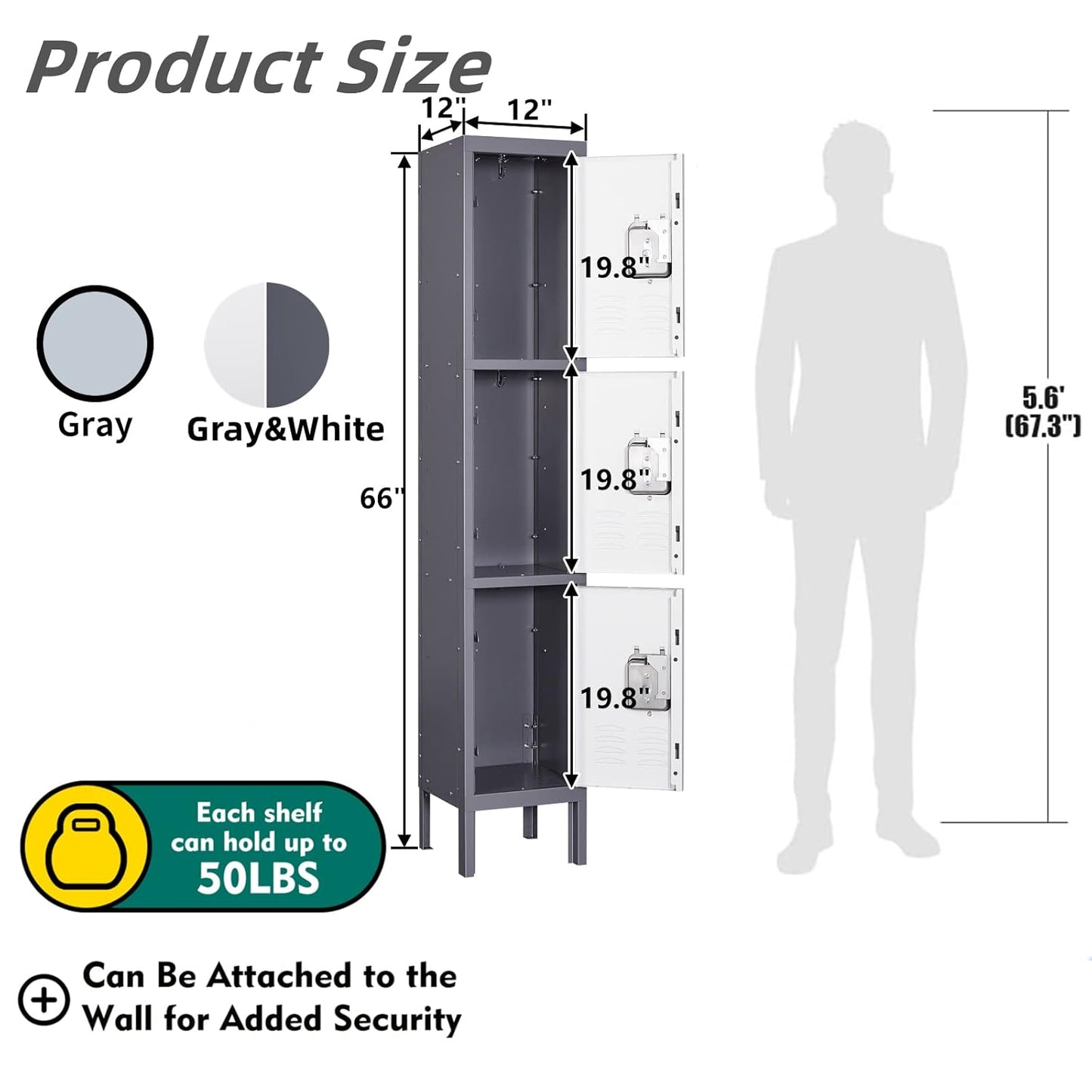 Yizosh Metal Lockers for Employees with Lock, Employees Locker Storage Cabinet with 1 Doors, Tall Steel Storage Locker for Gym, School, Office (Gray White, 3 Door)