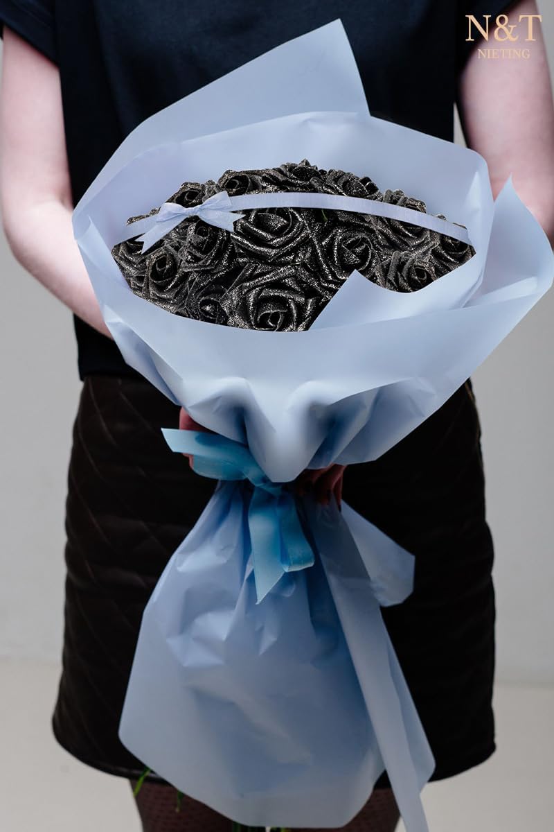 N&T NIETING Artificial Flowers Black Glitter Flowers Foam 25pcs Glitter Roses Real Looking Fake Roses with Stem for DIY Wedding Bouquets Centerpieces Bridal Shower Party Home Decorations