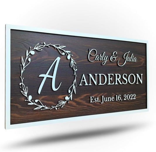 Personalized Wooden Monogram Family Name Sign with Couples Name, Custom Gift For Wife, Last Name Plaque with Initial & Established Date, Unique Wedding Gift
