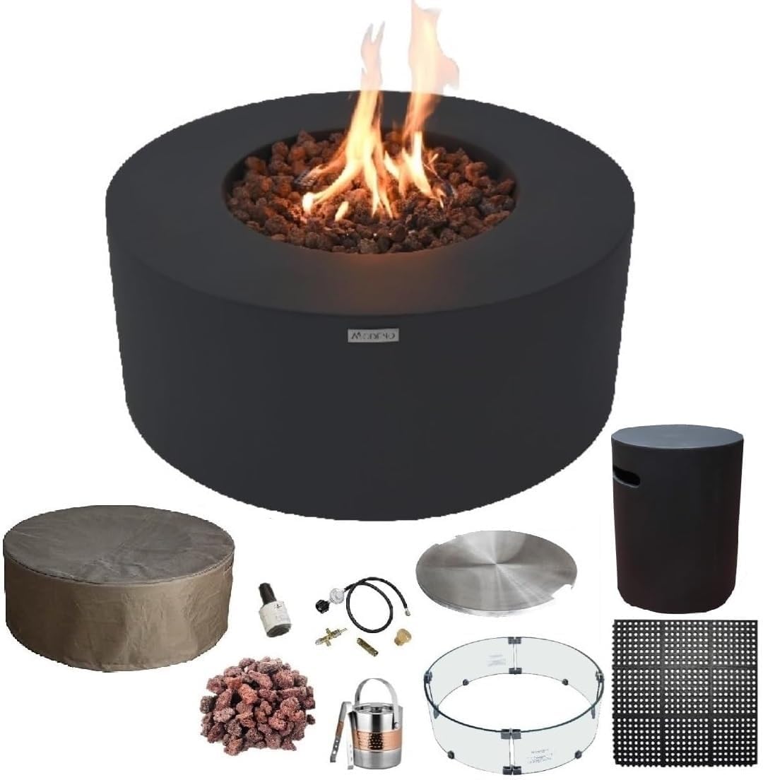 AMS Fireplace | Modeno Venice Package | Black Liquid Propane Gas Fire Pit Table for Outdoor Patio Bundle with Tank Cover, Wind Guard, and SS Burner Lid | Free Rubber Mat & Ice Bucket