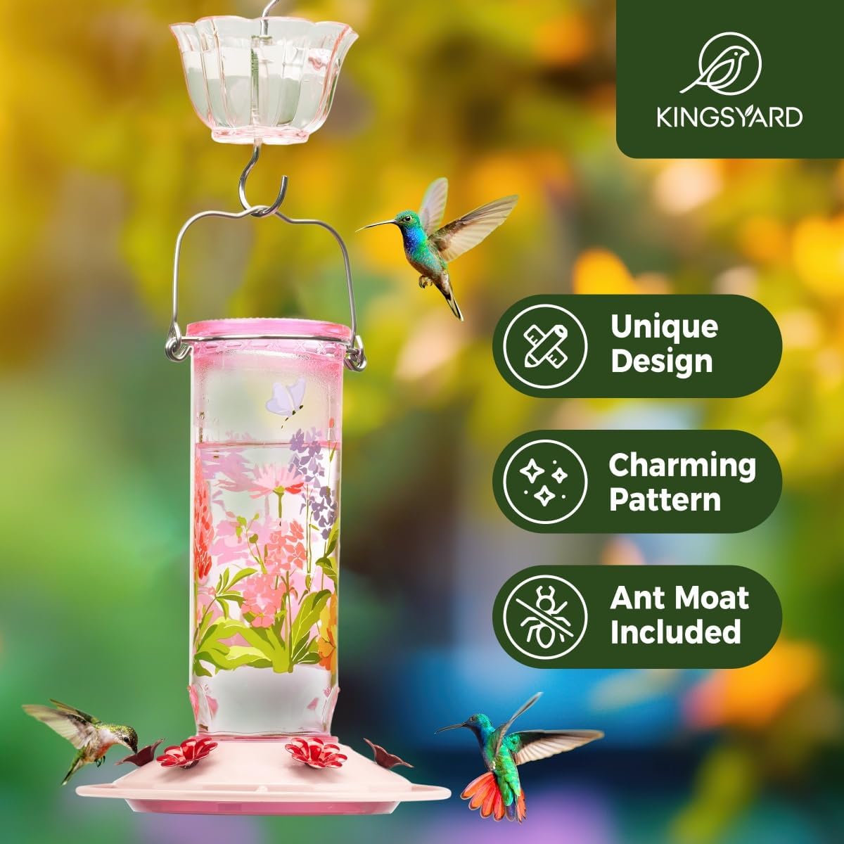 Kingsyard Hummingbird Feeder for Outdoor Hanging - Charming Patterned Glass Humming Bird Feeder with 6 Feeding Ports and Ant Moat, Ideal Gift Choice for Bird Lovers, Pink