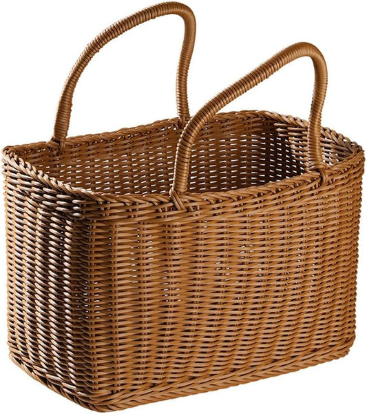 Alipis Decorative Woven Basket with Handle, Brown Plastic Rattan Flower Arrangement Basket for Storage, Picnic, Home Decor, Fruits, Vegetables, Camping, Weddings