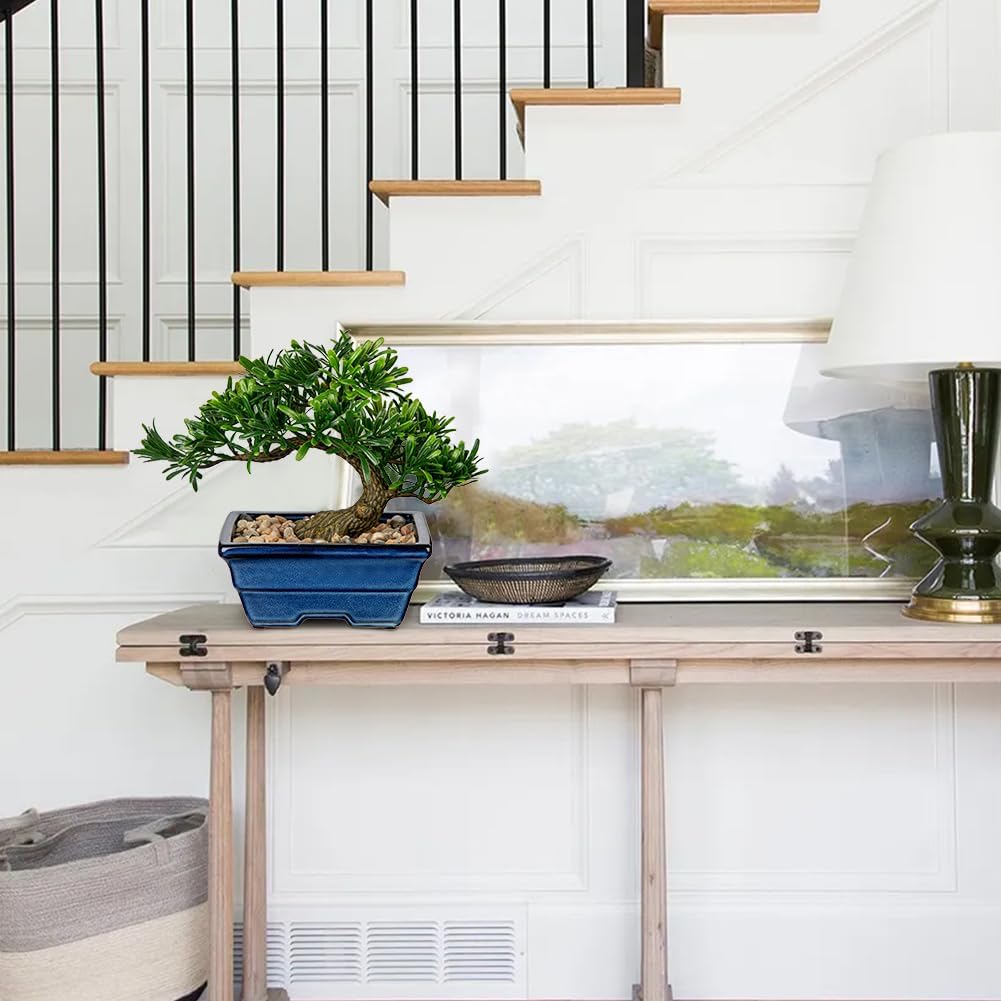 Artificial Bonsai Tree Faux Plants Indoor Small Fake Plants Decor with Blue Ceramic Pots for Home Table Office Desk Bathroom Shelf Bedroom Living Room Farmhouse Decorations