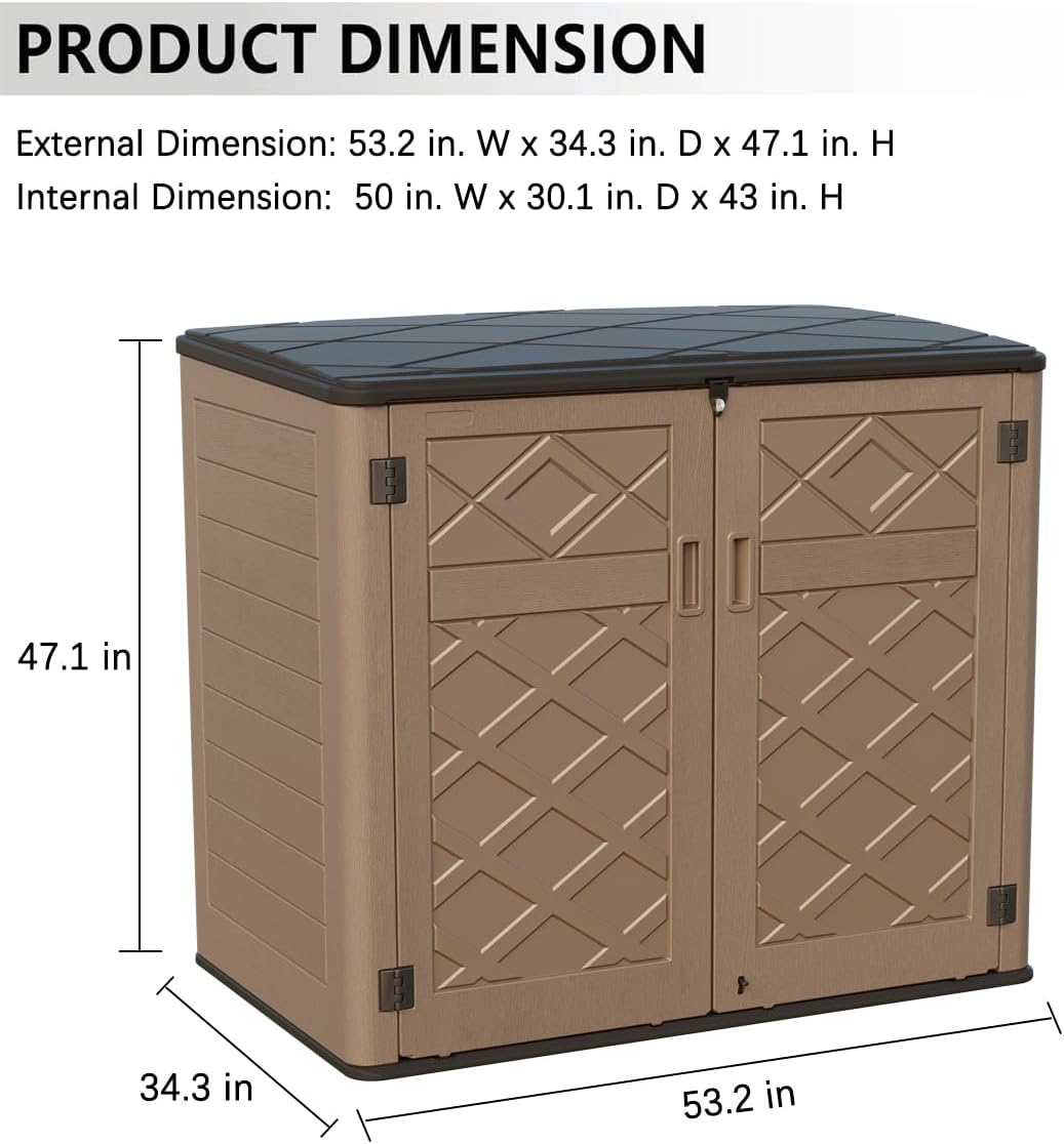 KINYING Larger Outdoor Storage Shed Weather Resistance, Resin Sheds & Outdoor Storage for Garden, Patios, Backyards, 48 Cu.Ft Tool Shed for Garbage Cans, Lawn Mower, Garden Tools,Brown