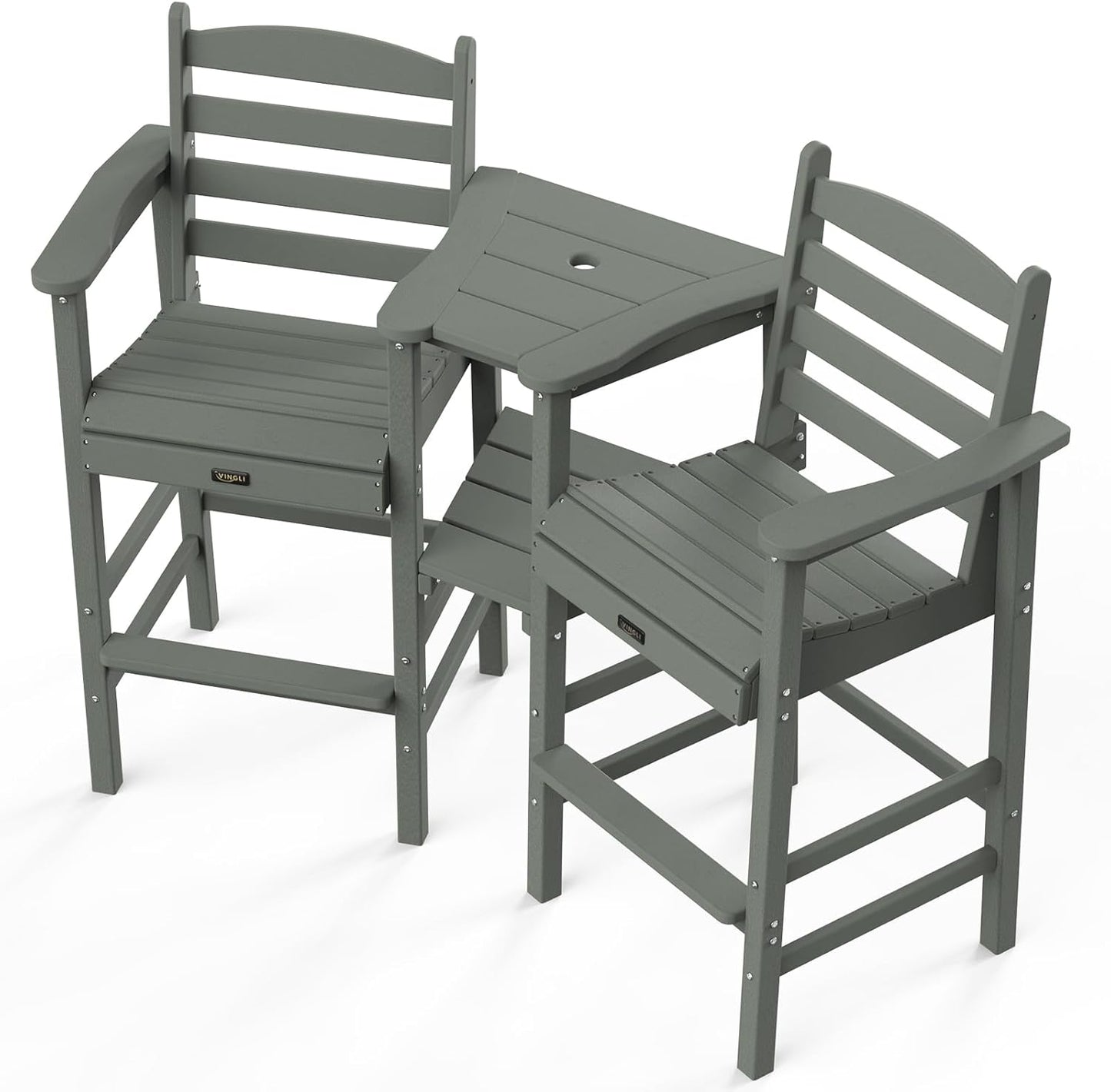 VINGLI Tall Adirondack Chairs Set of 2 with Removable Double Connecting Trays, HDPE Weather Resistance Outdoor Bar Stools Heavy Duty Patio Table and Chars Set Poly Deck Chairs for Pool Balcony (Gray)