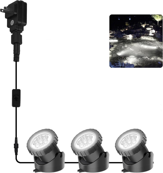 Cold White Pond Lights, Super Bright LED Underwater Submersible Landscape Spotlights, Switch Control IP68 Waterproof Fountain Lights for Fish Aquarium Tank Garden Yard Pool (Set of 3)