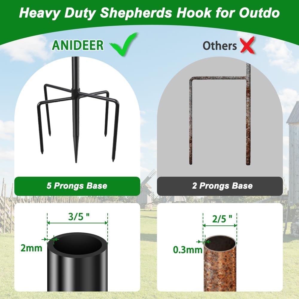 48 Inch Shepherds Hooks for Outdoor, Heavy Duty Bird Feeder Pole with 5 Prong Bases, Garden Hanging Stake for Bird Feeder, Solar Light, Plant Hanger, Wedding Decor, Metal Hanger Hooks, Black, 2 Packs