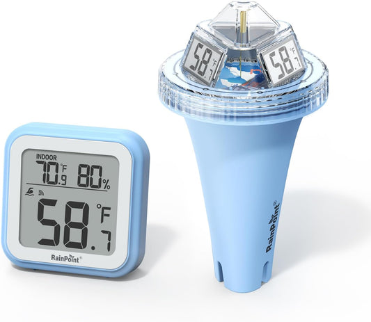 RAINPOINT Anti-Fog 360° Reading 3 Large Letters Displays Wireless Digital Pool Thermometer Floating,Dual-Layer IP68 Waterproofing Remote Temperature Monitor Easy Read Hot Tub SPA Inflatable Pool-Blue