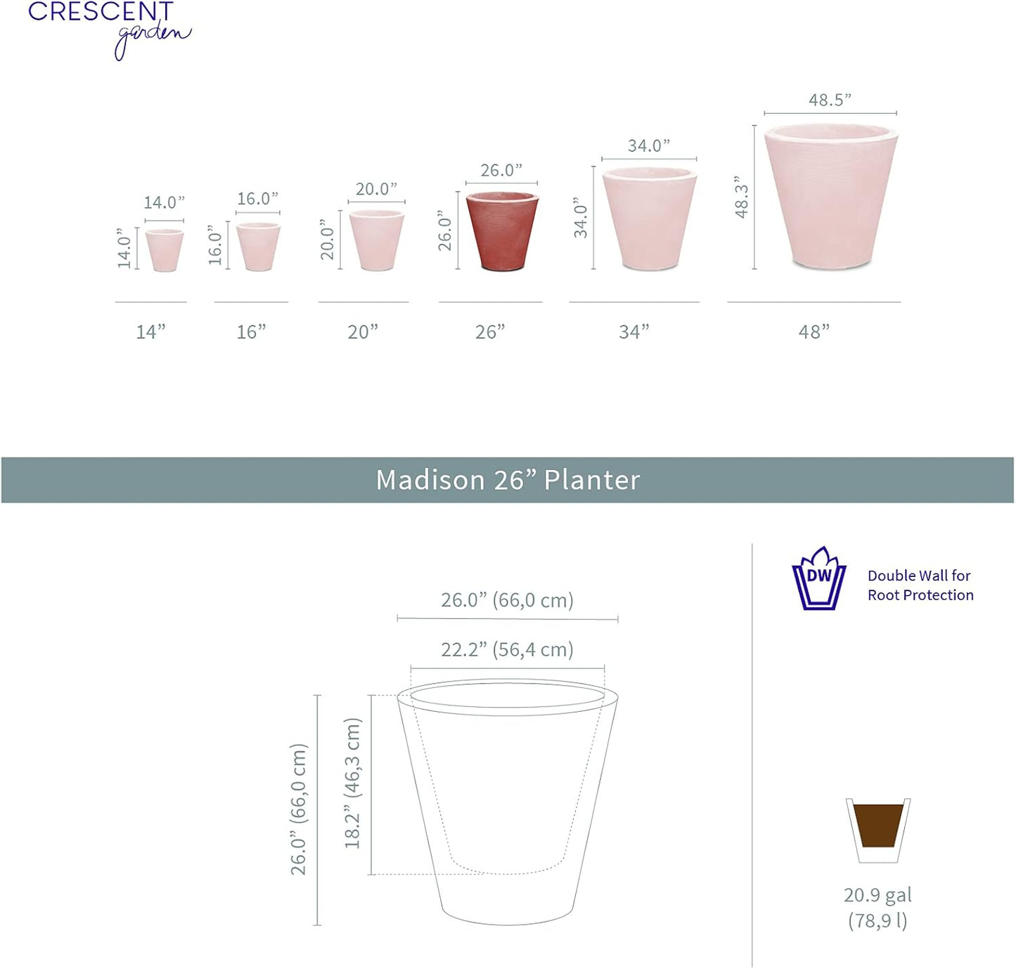 Crescent Garden Madison Planter– Weather-Resistant, Double Walled Indoor/Outdoor Plant Pot with Drain Hole – Large Plastic Plant Pot, 26-Inch (Bark)