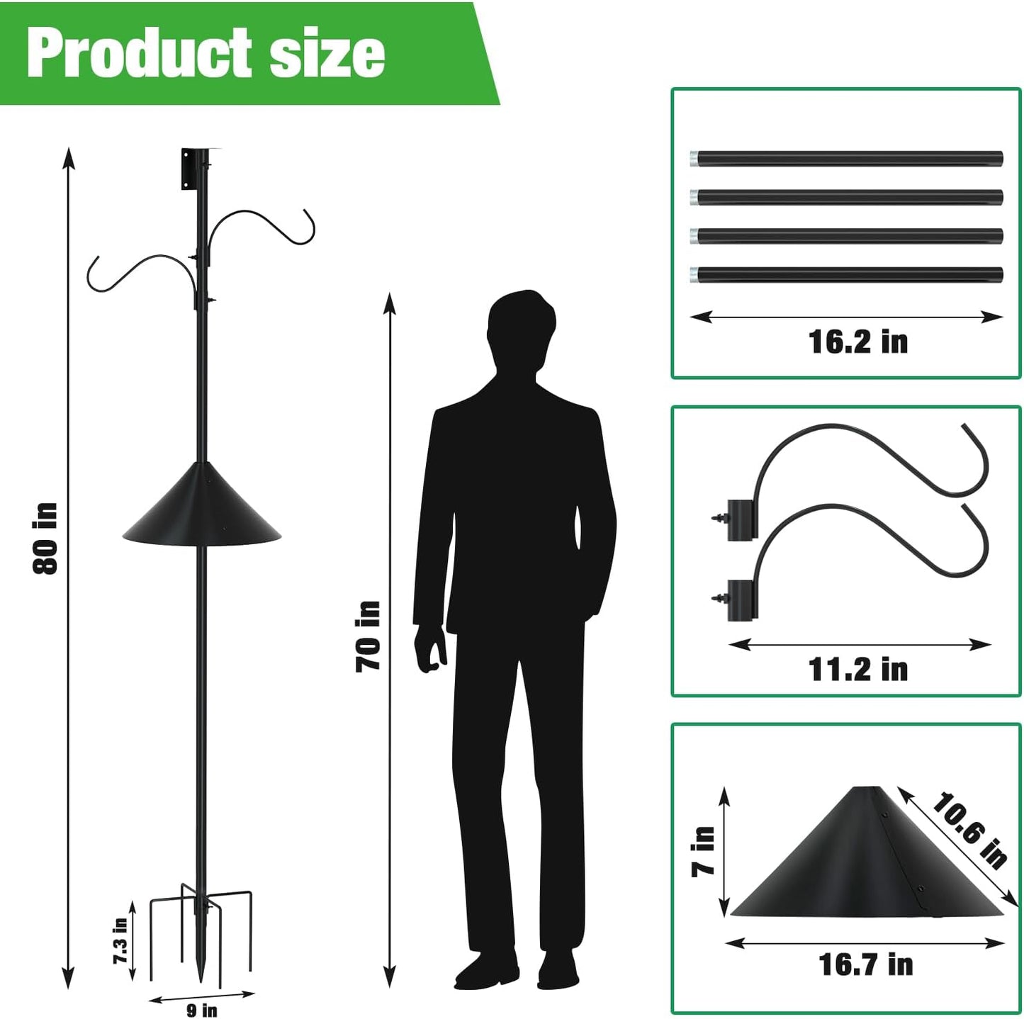 ERYTLLY Bird House Pole 80 Inch Bird Feeder Pole with Squirrel Baffle and 2 Hooks - Heavy Duty Bluebird Feeder Support Rod Stand Set for Outside, Yard, Garden