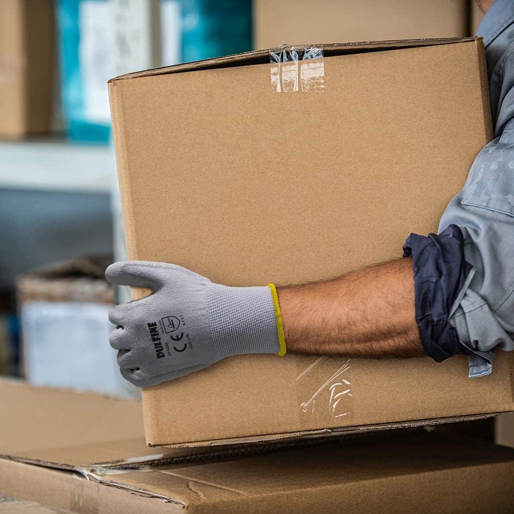 DULFINE Safety Work Gloves PU Coated-12 Pairs,Grey Seamless Knit Glove with Polyurethane Coated Smooth Grip on Palm & Fingers, for Men and Women, Ideal for General Duty Work (Medium)