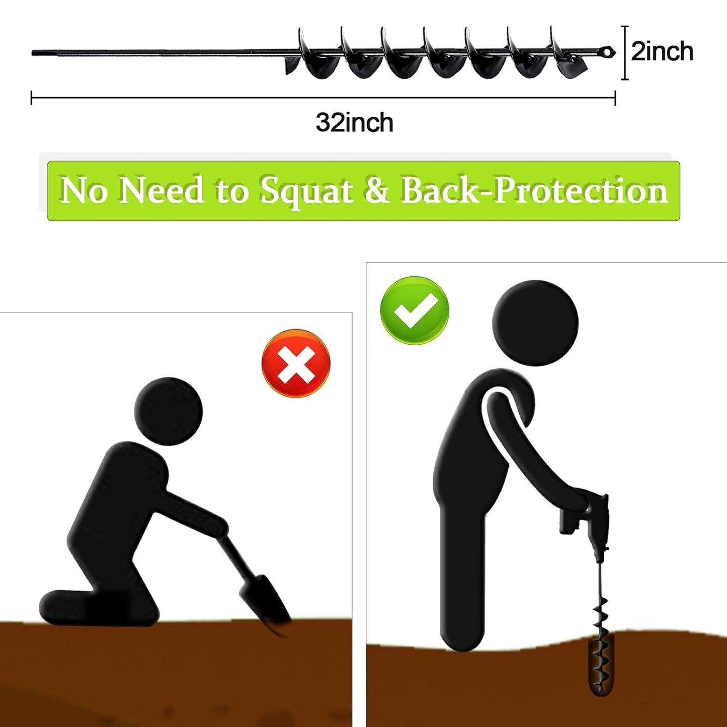 TCBWFY 2x32 Inch Auger Drill Bit for Planting - Long Handle Easy Planter Garden Auger - Bulb & Bedding Plant Augers - Post Hole Digger for 3/8”Hex Drive