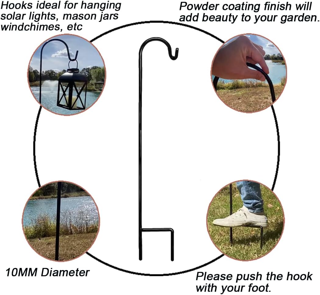 Ashman Black Shepherd Hook 48 Inch (2 Pack), 10MM Thick, Super Strong, Rust Resistant Steel Hook Ideal for Use at Weddings, Hanging Plant Baskets, Solar Lights, Lanterns, Bird Feeders.