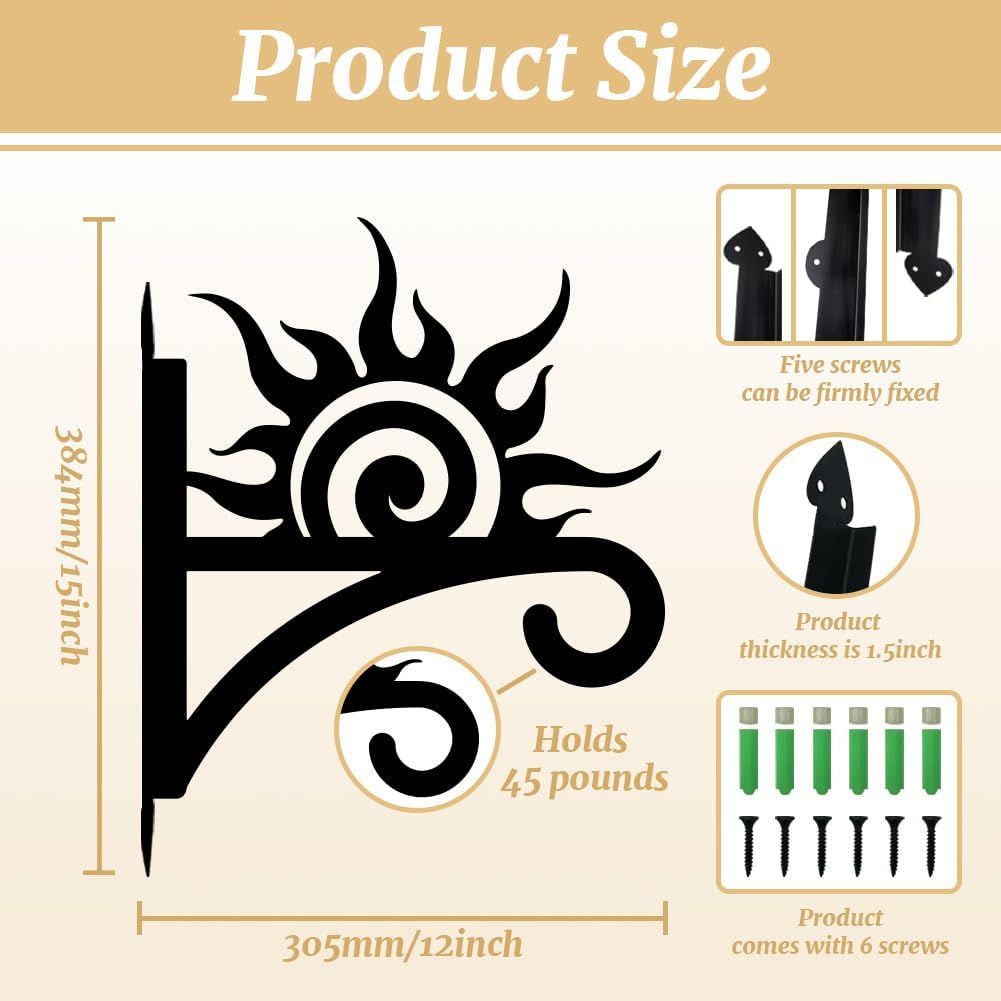 peacoblue Iron Plant Hangers Hooks Sunrise for Outdoor Indoor Hanging Plants Flower Fern Pots Lantern Bird Feeder Wind Chimes, 12"x15" Weather Resistant Metal Wall Holder for Porch Garden Farmhouse