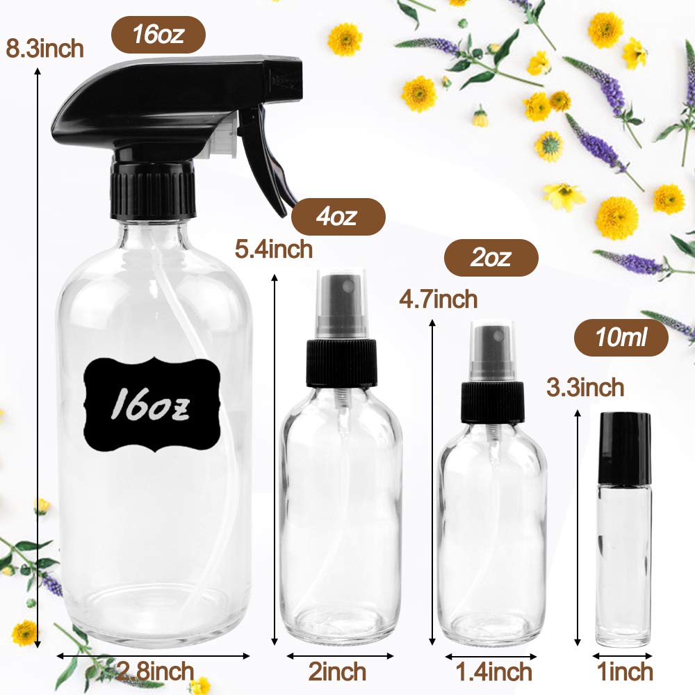 Glass Spray Bottle Kit×10 (2×16 oz, 2×4 oz, 6×2 oz), 9×10 ml Roller Bottles, Anti UV, Multi Size and Versatile, Suitable for Aromatherapy, Facial Moisturizing, Watering, etc.(Clear)