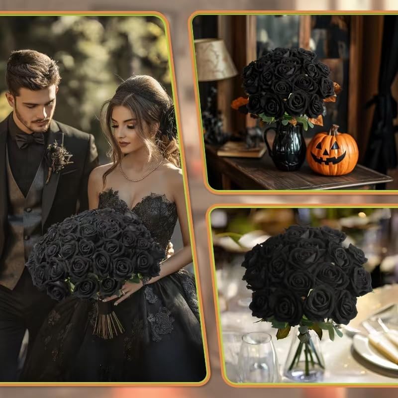 30 PCS Fake Black Roses, Artificial Flowers Bulk Halloween Decorations Realistic Silk Faux Roses with Stems for Gothic Wedding Party Decor, Bridal Bouquets DIY Floral Arrangement Home Decor