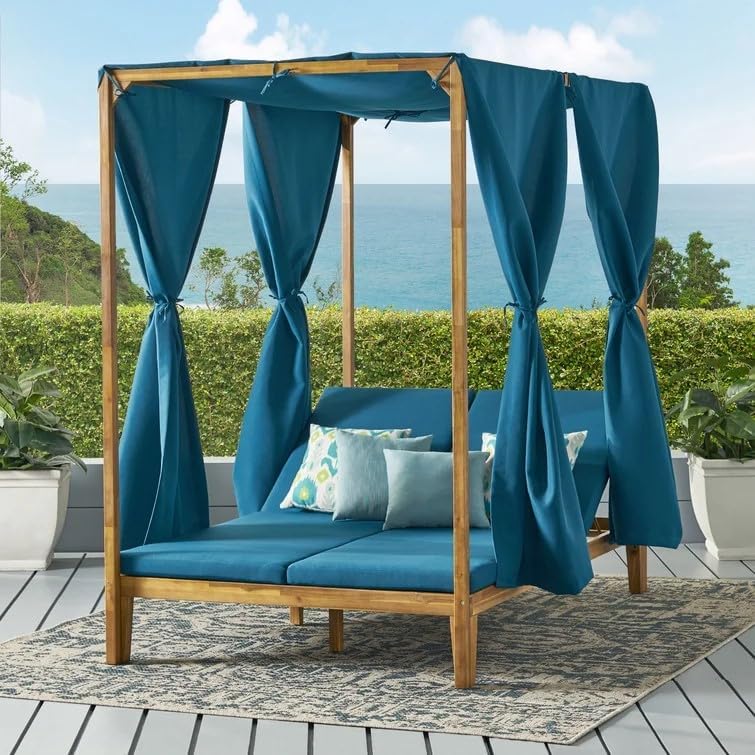 kevinplus Outdoor Patio Sunbed Daybed with Adjustable Reclining Chaise Lounge & Water-Resistant Canopy & Curtain, Solid Wood Construction, Blue