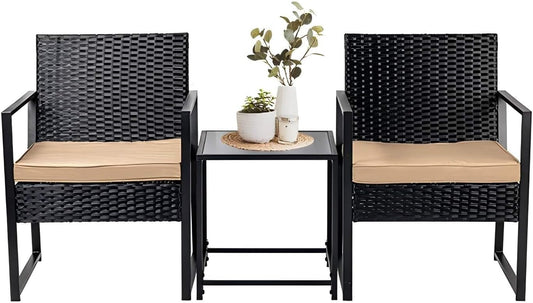 Patio Furniture Set,Wicker Bistro Set 3 Pieces Outdoor Furniture,Rattan Table and Patio Chairs Set for Balcony,Yard,Porch and Deck（Khaki