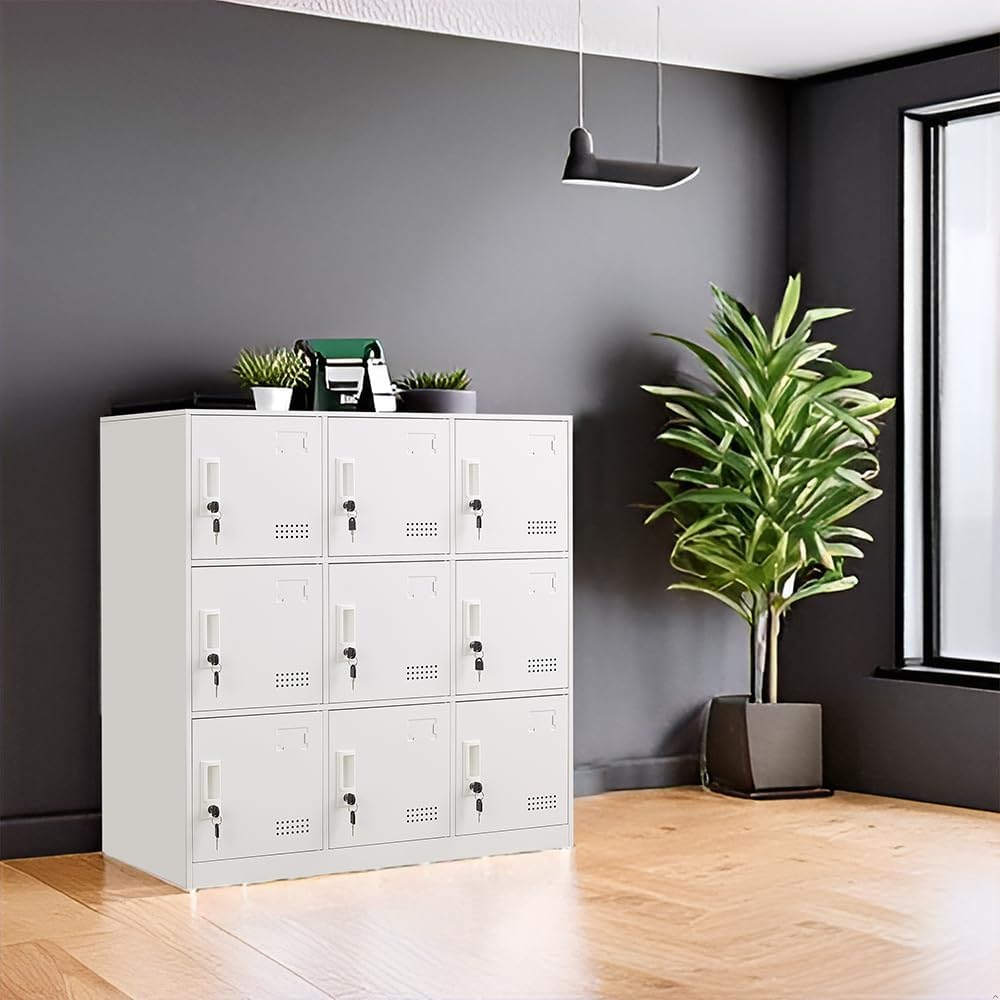 Student Locker Organizer, Multi-Door Steel Locker, Small Locking Cabinet Storage Organizer, Office File Cabinet, Home Locker, Gym Locker, Metal Storage Locker - Gray and White (9 Door, White)