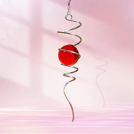 Gazing Ball Spiral Tail with Red Glass Orb, Wind Spinner Stabilizer, Spiral Wind Spinners Tail, Hanging Outdoor Garden Decor, Yard Art Ornament, Christmas Decoration, Sun Catcher 13inch
